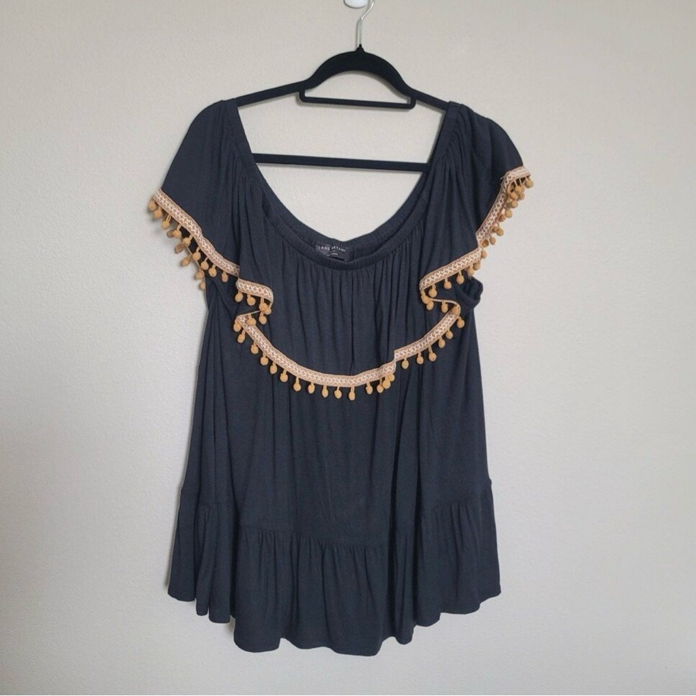 Lane Bryant Black Off-Shoulder Top with Gold Pom Pom trim